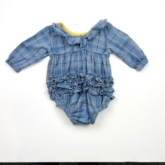 RuffleButts Blue Plaid Ruffle Romper - Picture 4 of 5